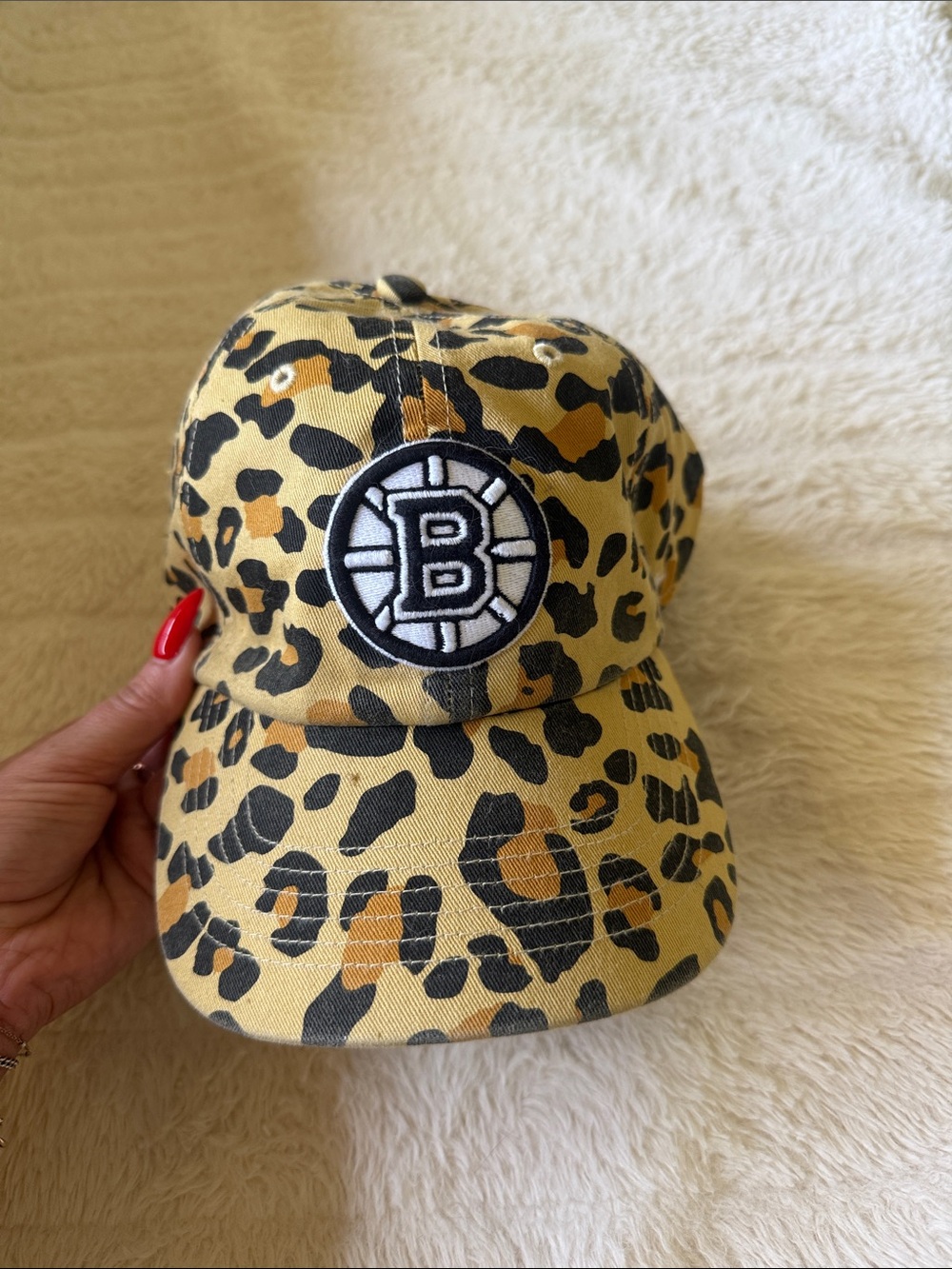 Official NHL Leopard Print Cap in Yellow and Black with Boston Bruins B patch